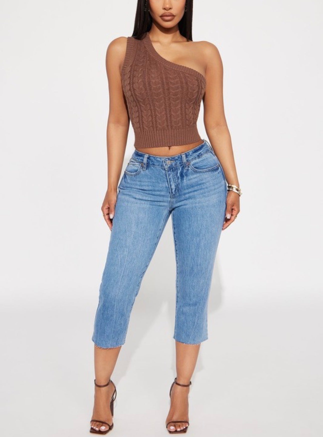 One Shoulder Cable Knit Sweater Top
