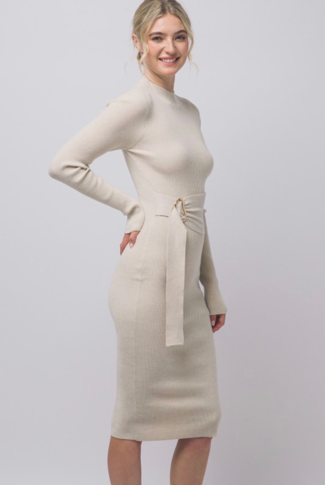 Mock Neck Long Sleeve Sweater Midi Dress with Tie Waist