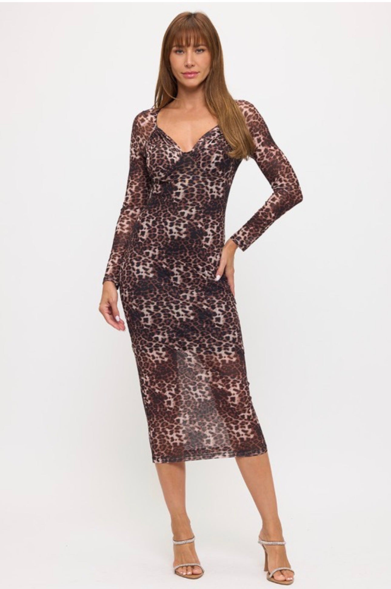 Sweetheart Leopard Mesh Long Sleeve Midi Dress