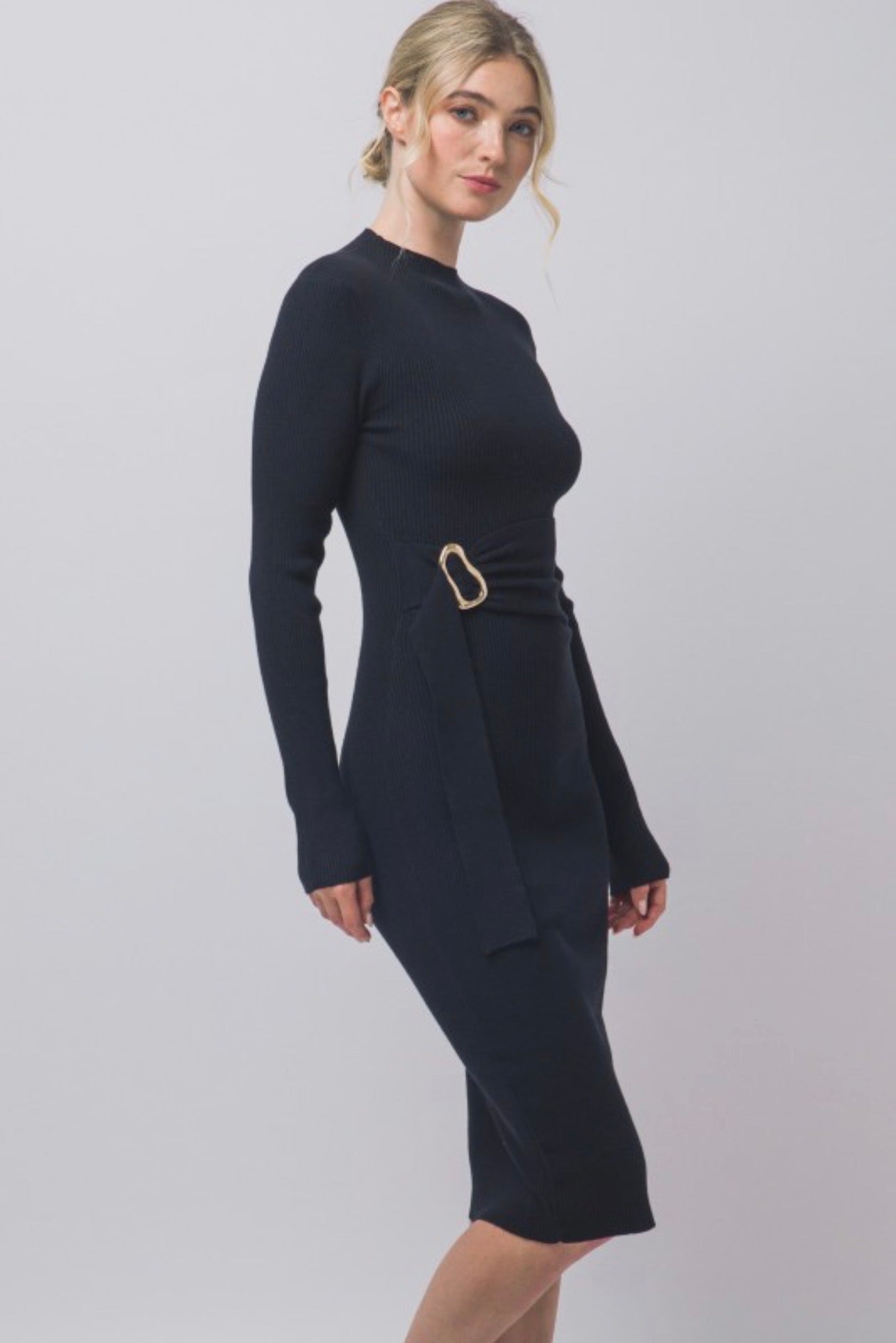 Mock Neck Long Sleeve Sweater Midi Dress with Tie Waist