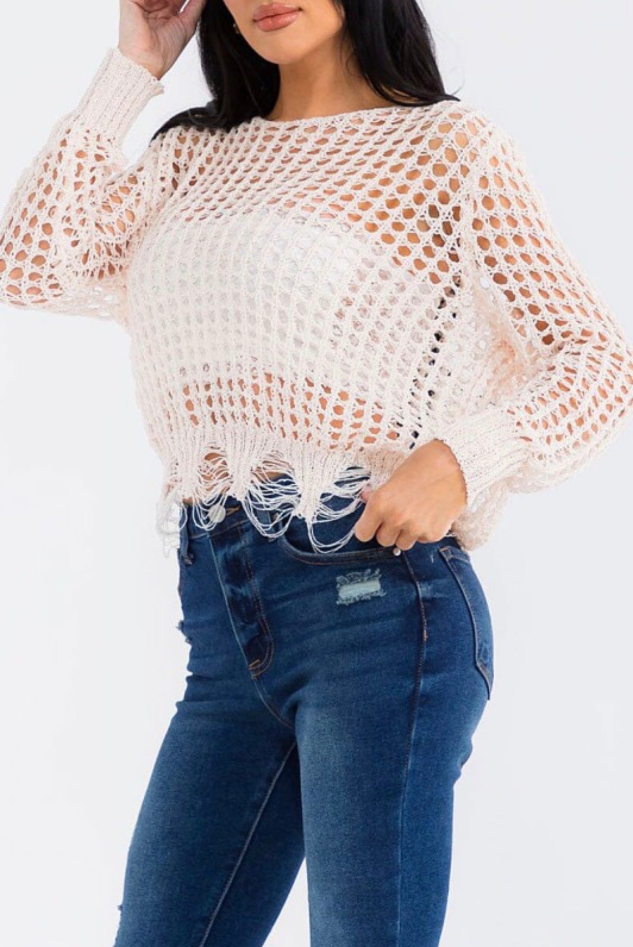 Open Knit Distressed Hem Long Sleeve Top