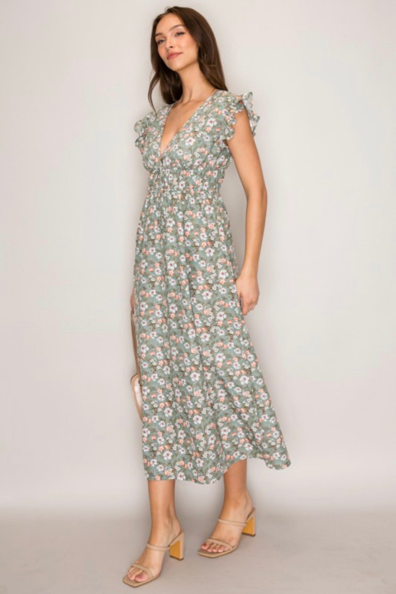 Spring Green Floral V-neck Short Sleeve Maxi Dress