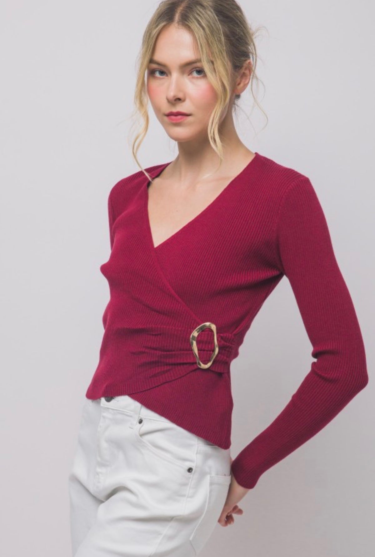 Rib Wrap V Neck Long Sleeve with Gold Accent