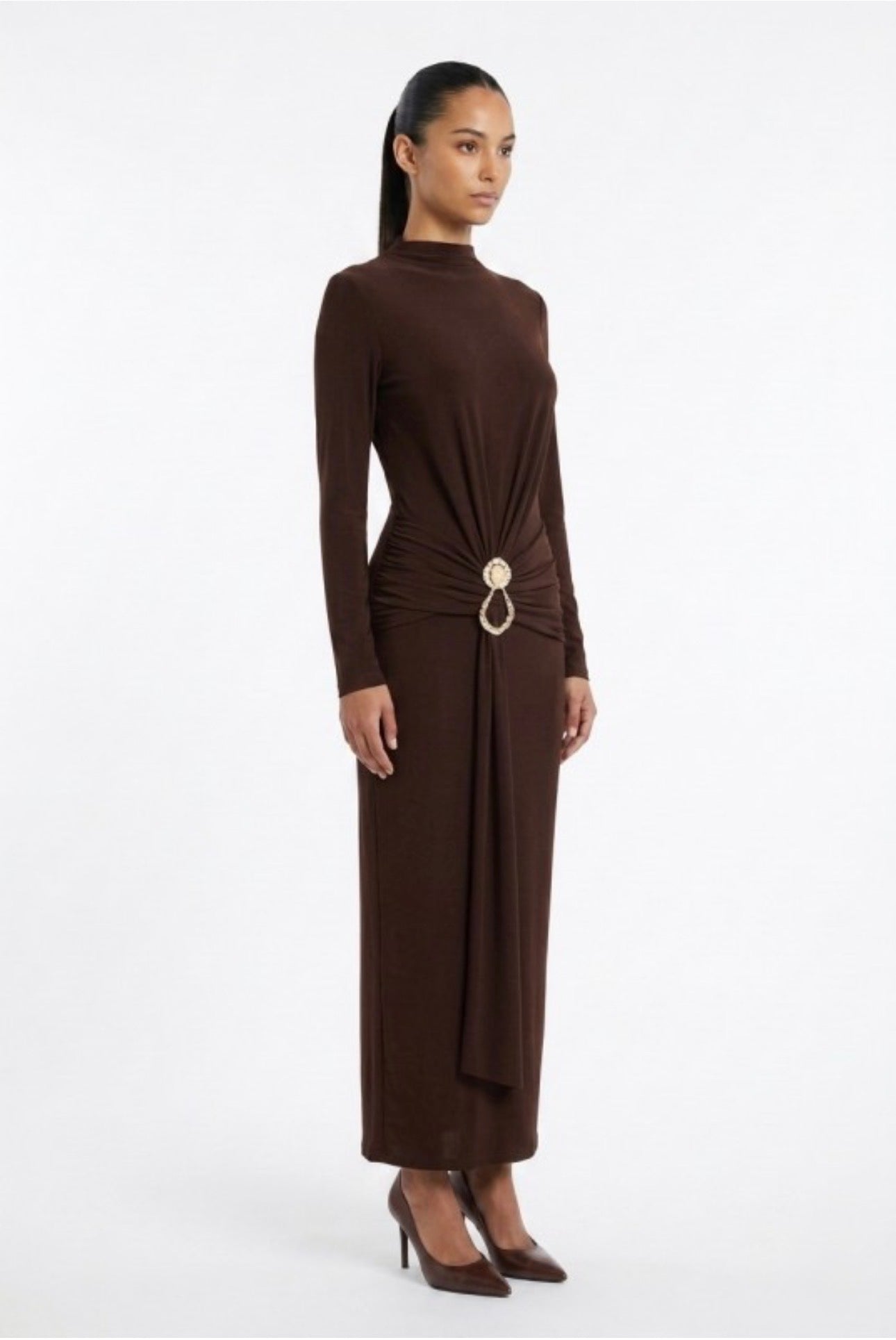 Mock Neck Ruche Drape Long Sleeve Maxi Dress with Gold Accent