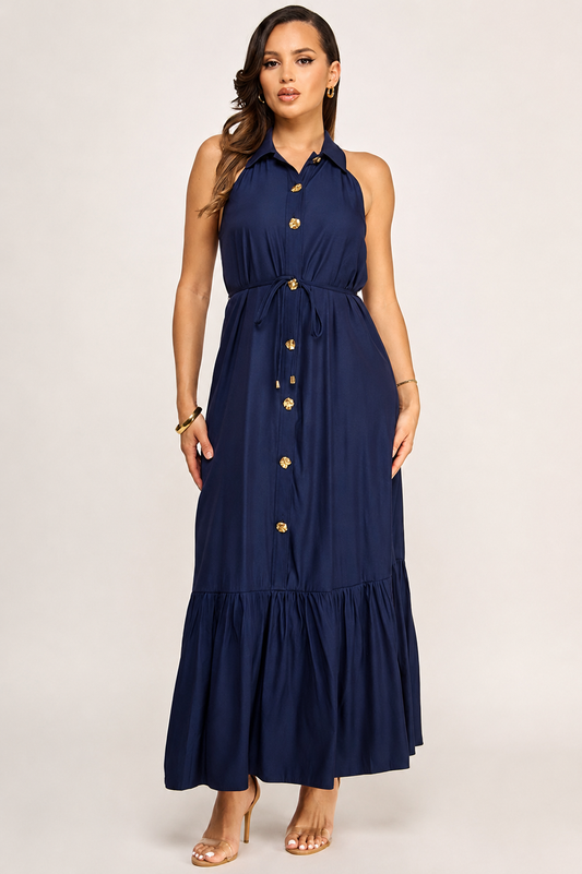 Sleeveless Collared Button Front Maxi Dress with Pleated Hem