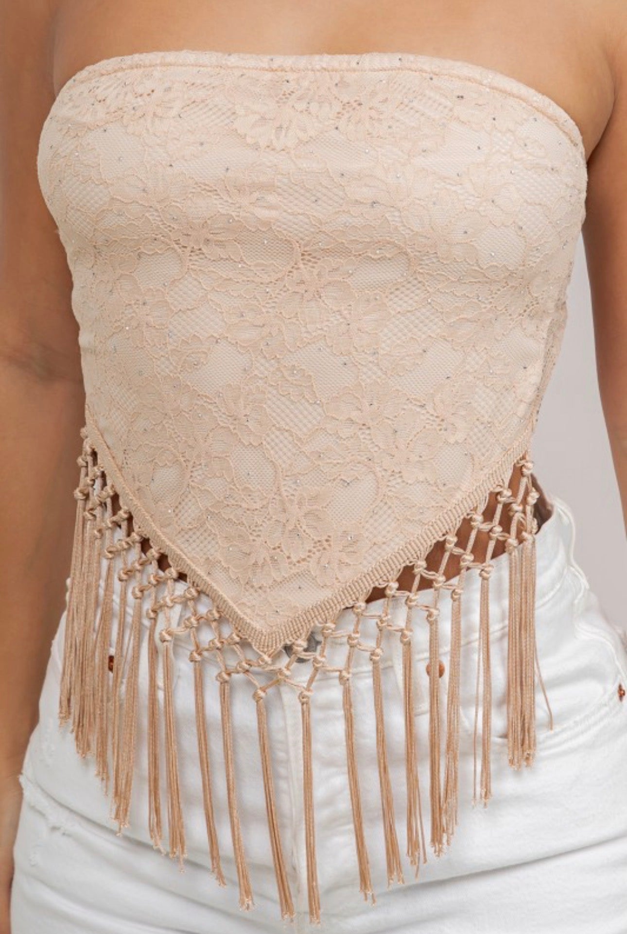Taupe Tie Back Strapless Tassel Top