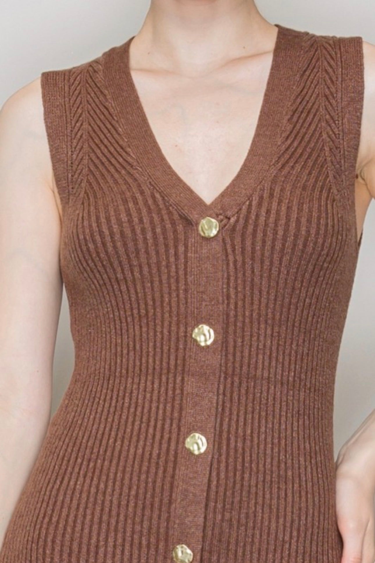 Ribbed Midi Sleeveless V Sweater Dress with Gold Buttons