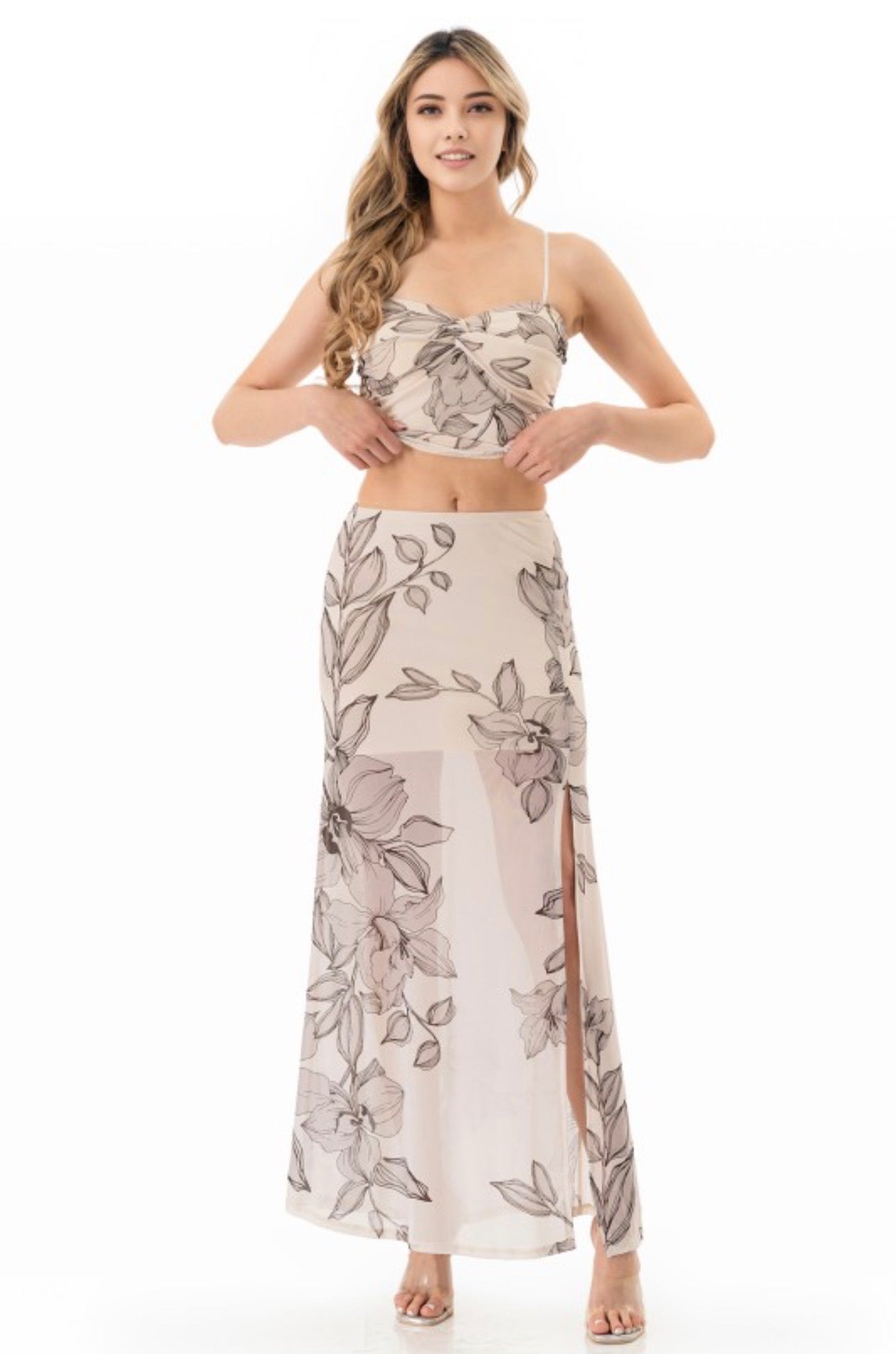 Cream Floral Mesh Two piece Piece