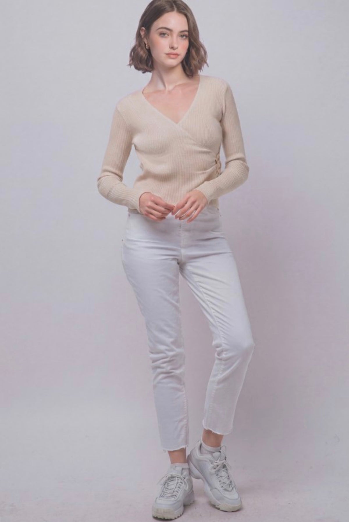 Rib Wrap V Neck Long Sleeve with Gold Accent