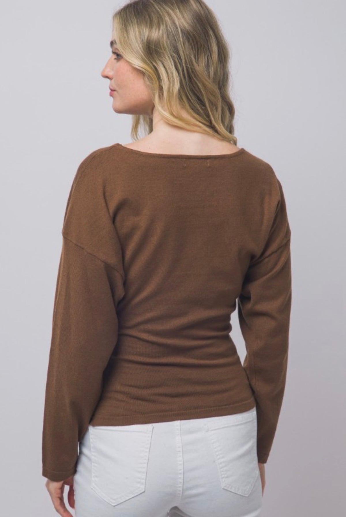 Boat Neck Long Sleeve Ruched with Gold Accent