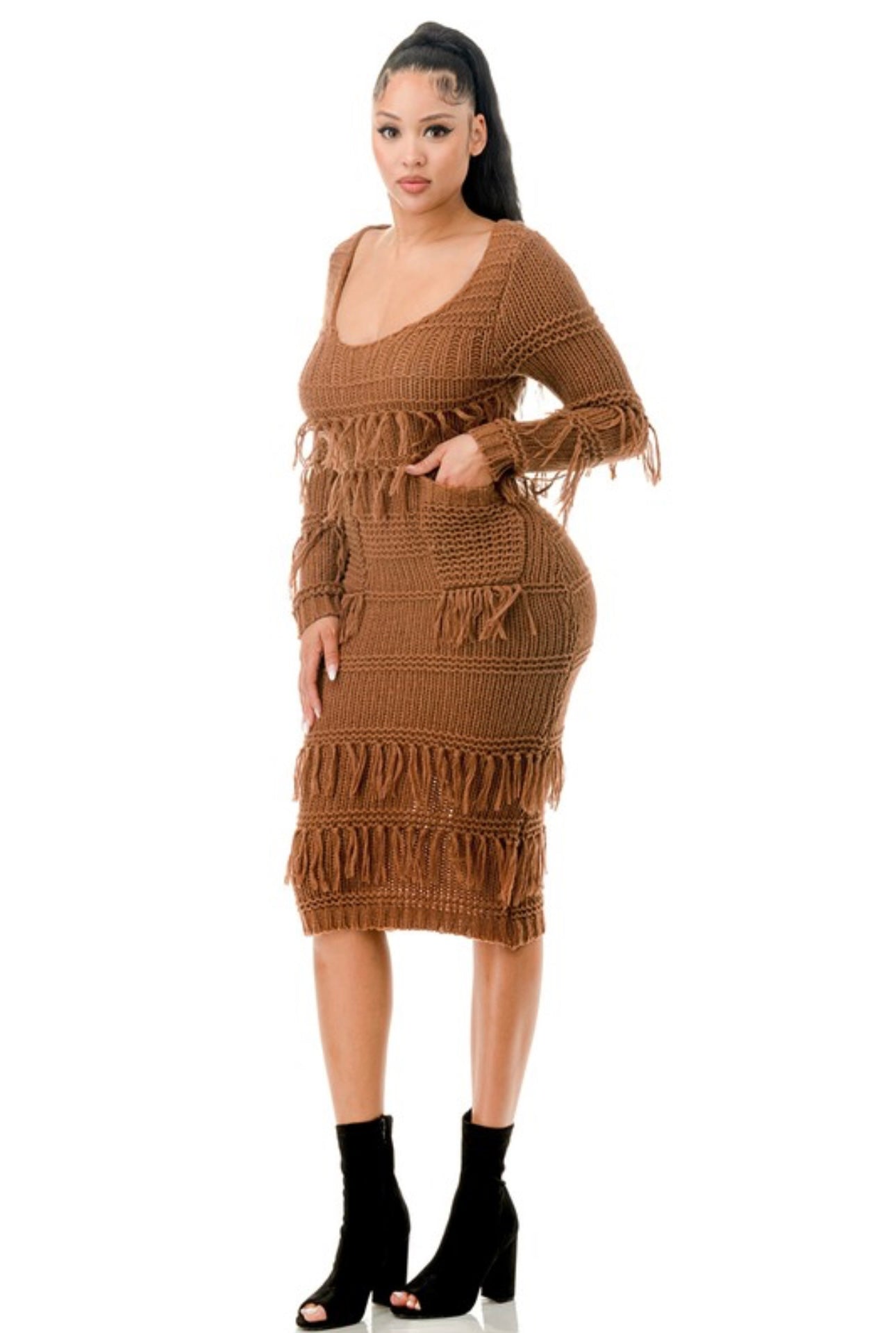 Tassel Crochet Scoop Maxi Sweater Dress