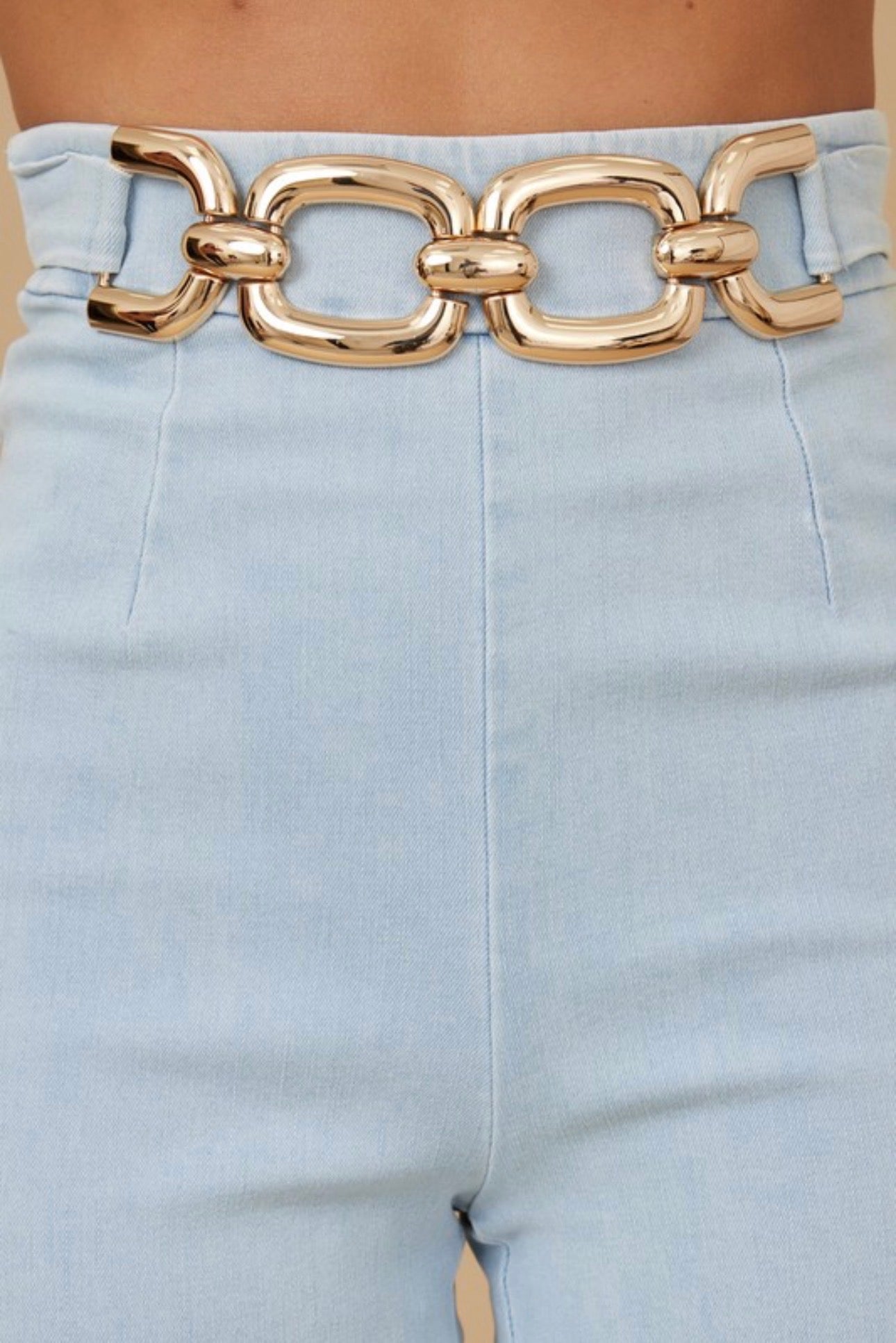 Denim Wide Leg Trousers with Gold Chain Belt