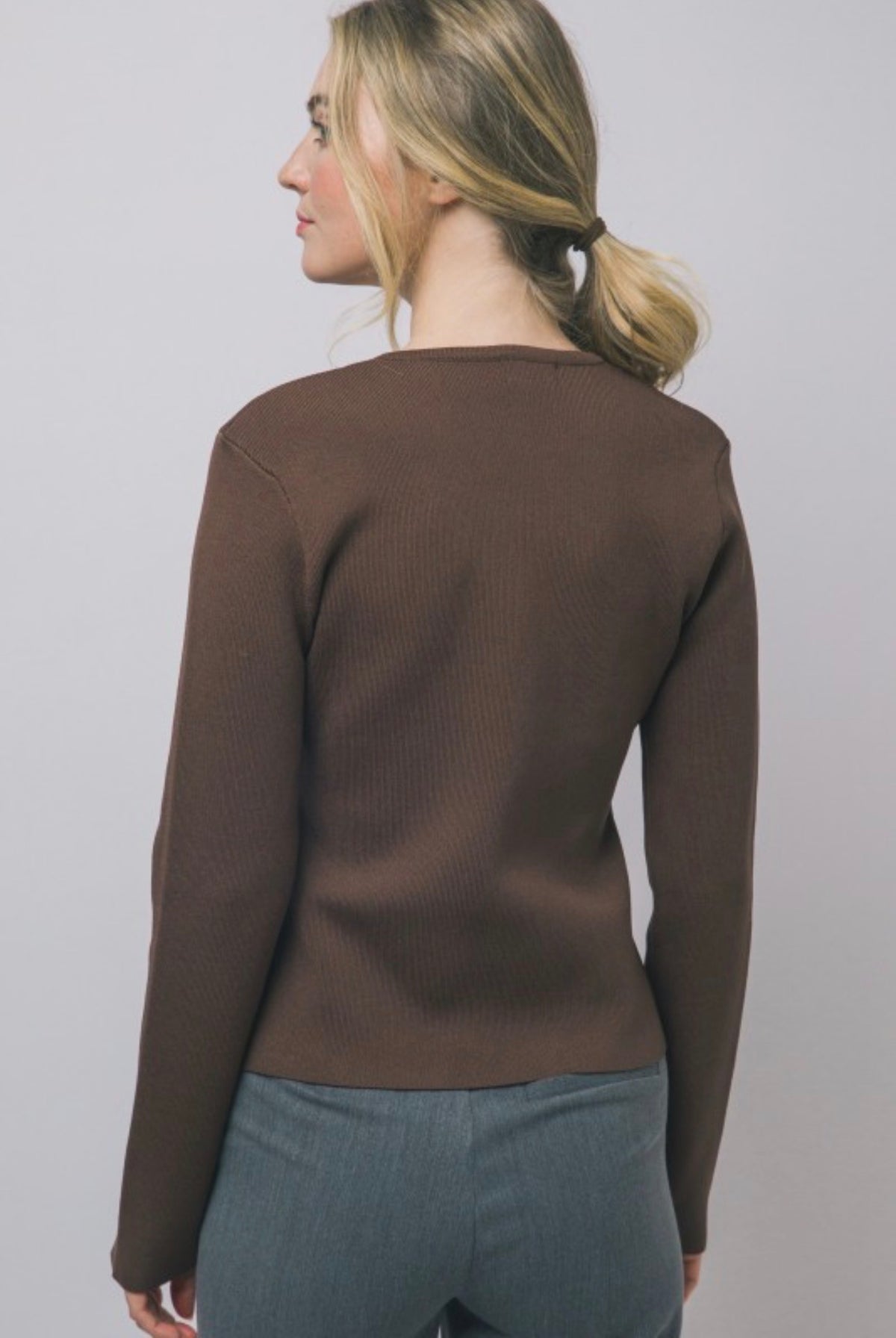 Split Front Ribbed Gold Button Front Cardigan