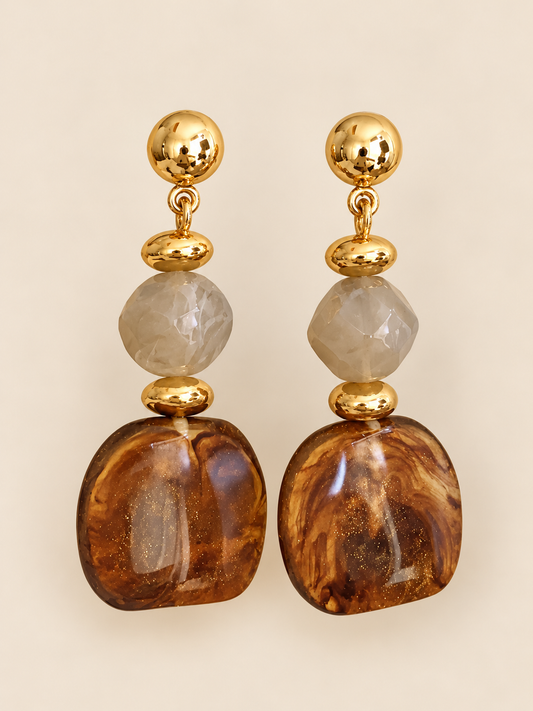 Amber Stone and Gold Dangle Stud Earrings