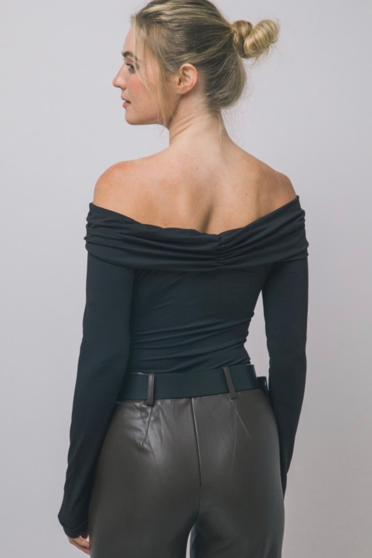 Off-the-Shoulder Front Gold Twist Long Sleeve Bodysuit