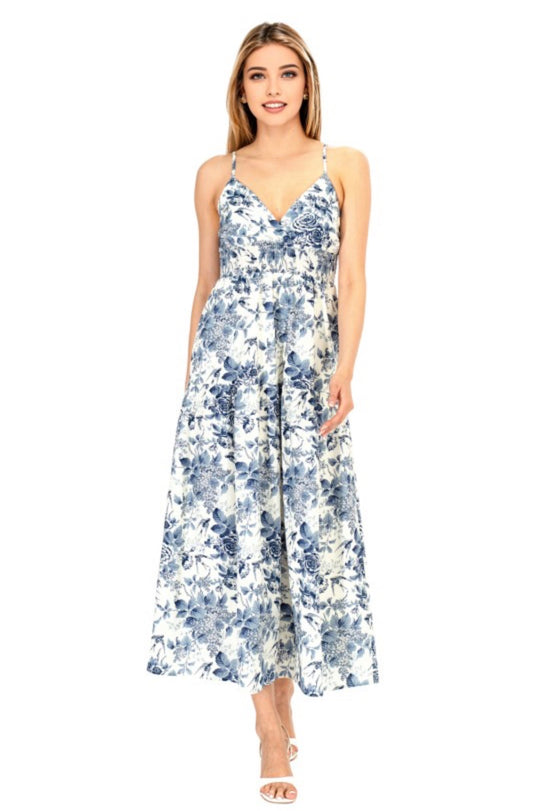 Delft Blue Floral V Neck Maxi Dress