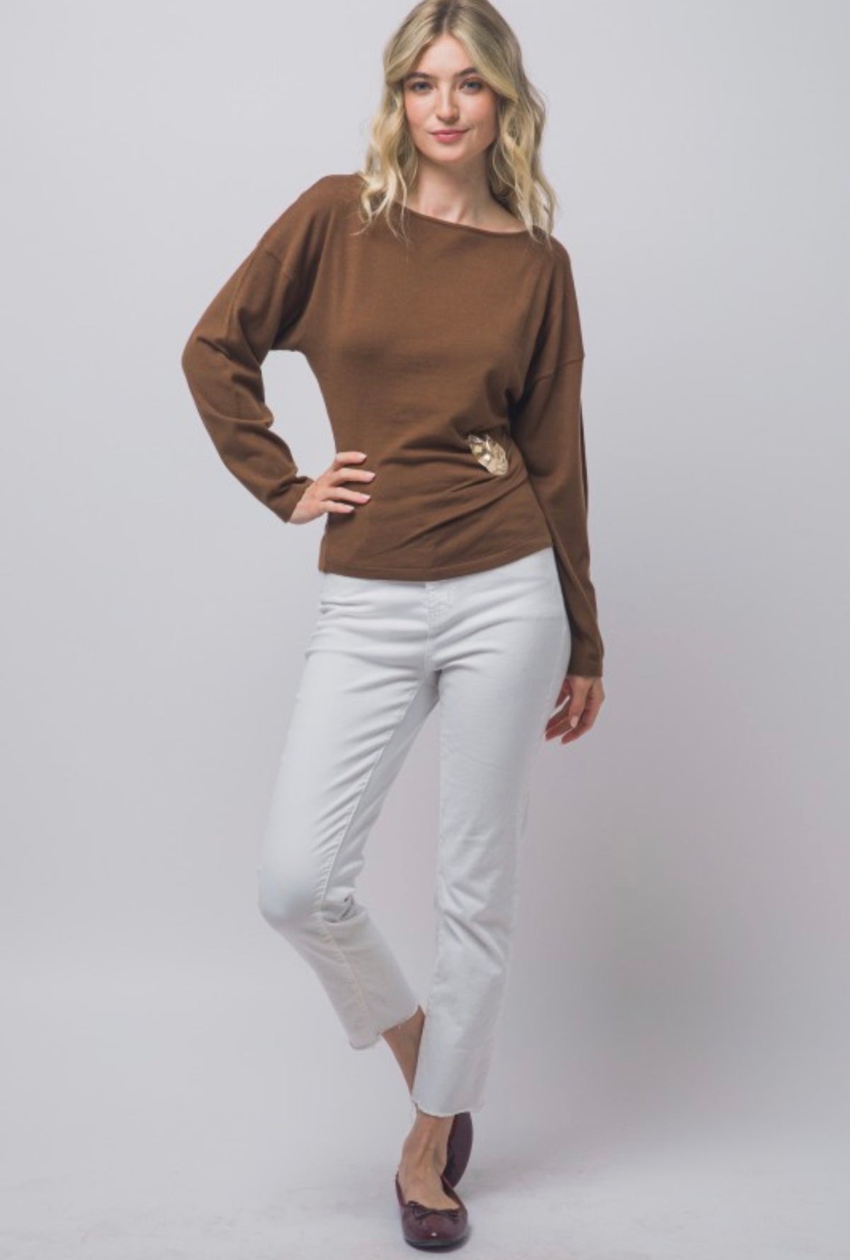 Boat Neck Long Sleeve Ruched with Gold Accent