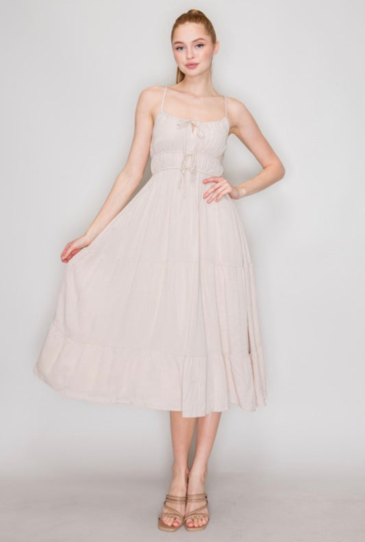 Beige Peasant Tie Smock Midi Dress