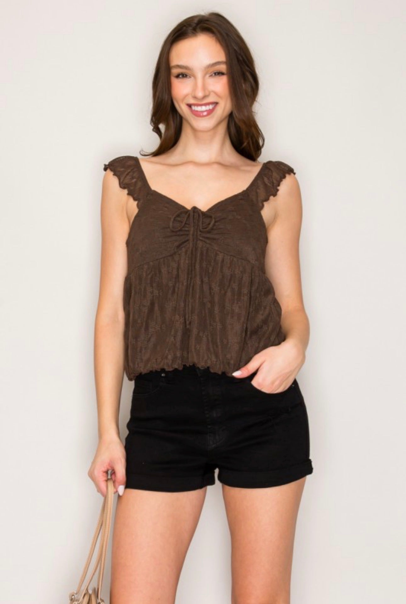 Brown Lace Scrunch Top