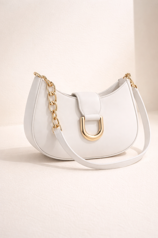White Soft Saddle Purse with Gold Accent