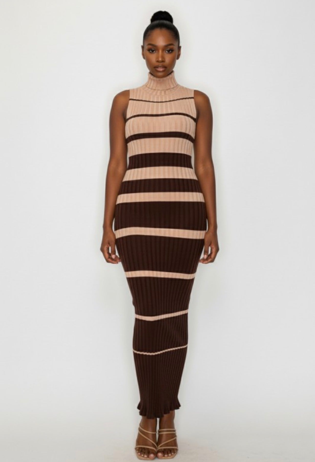 Striped Ribbed Maxi Turtleneck Sleeveless Dress