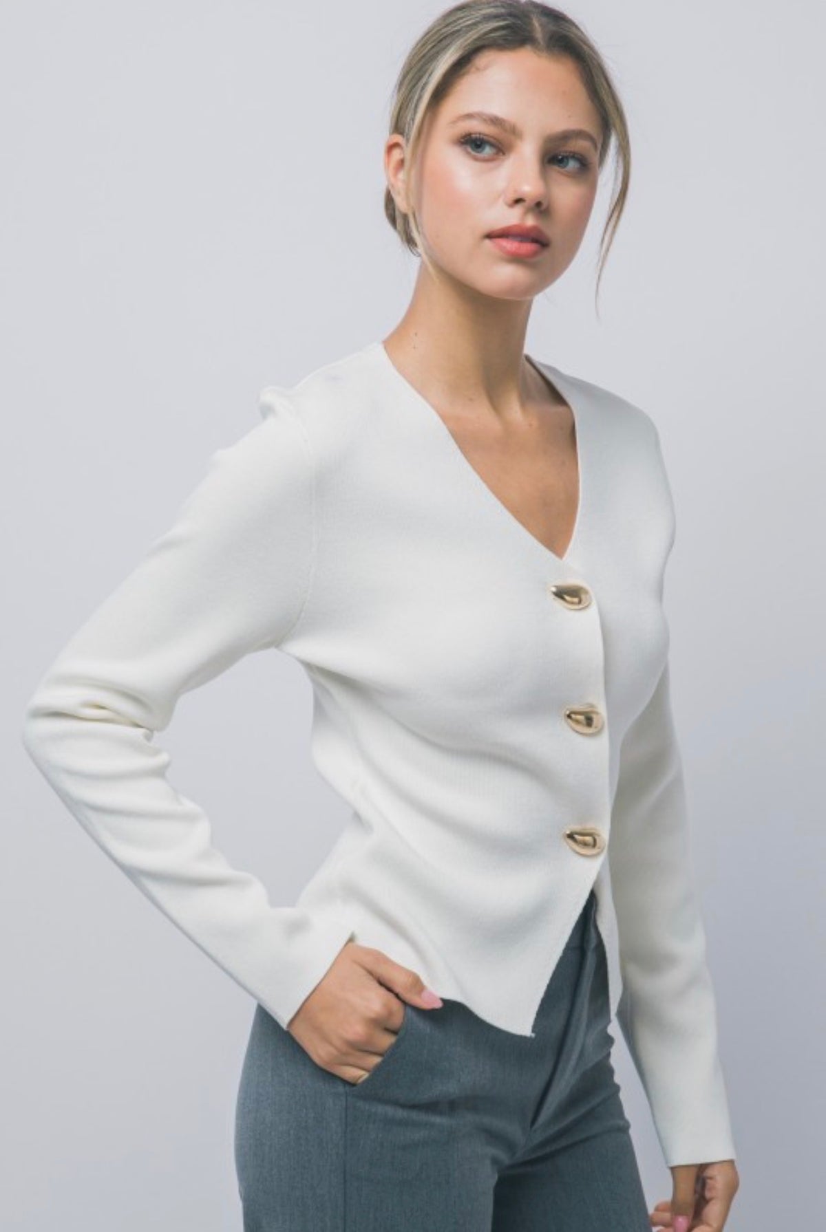 Split Front Ribbed Gold Button Front Cardigan
