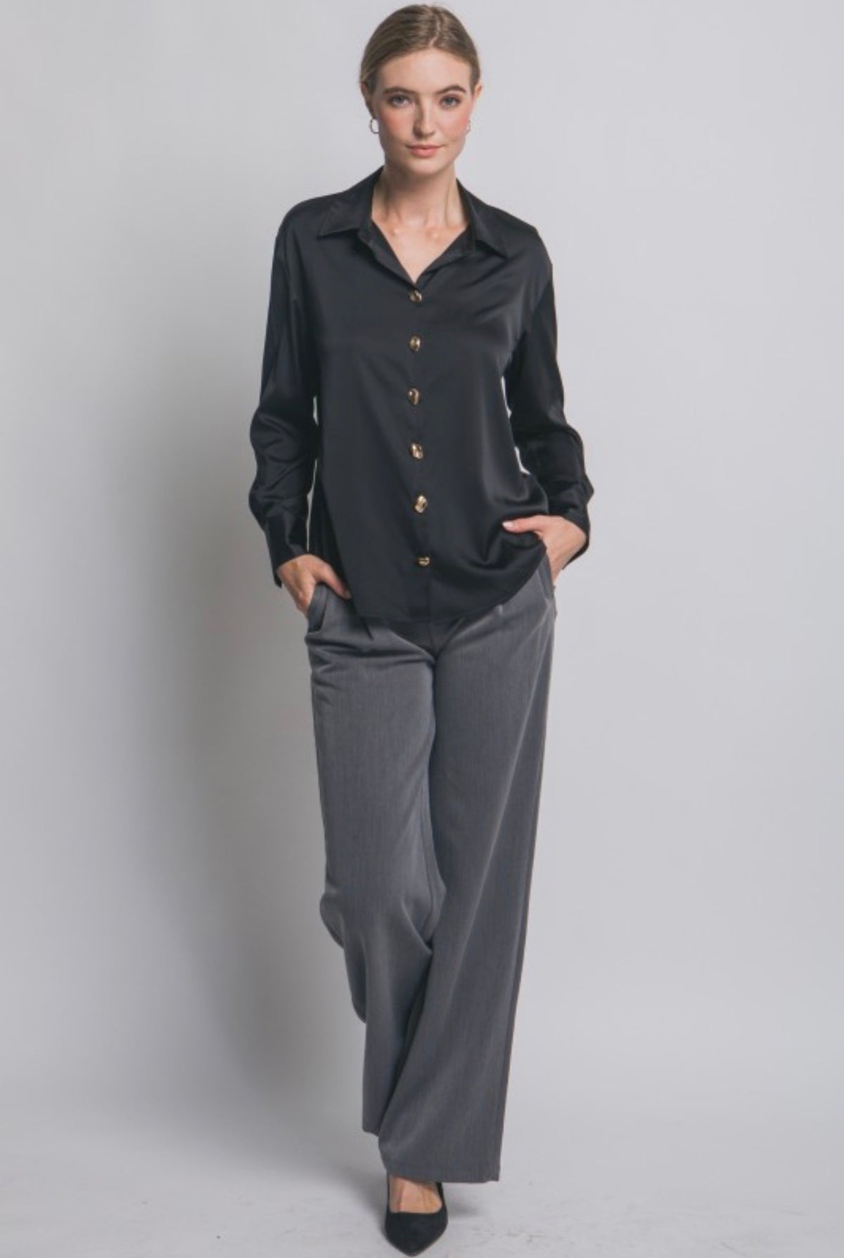 Satin Button Up Blouse with Gold Abstract Buttons