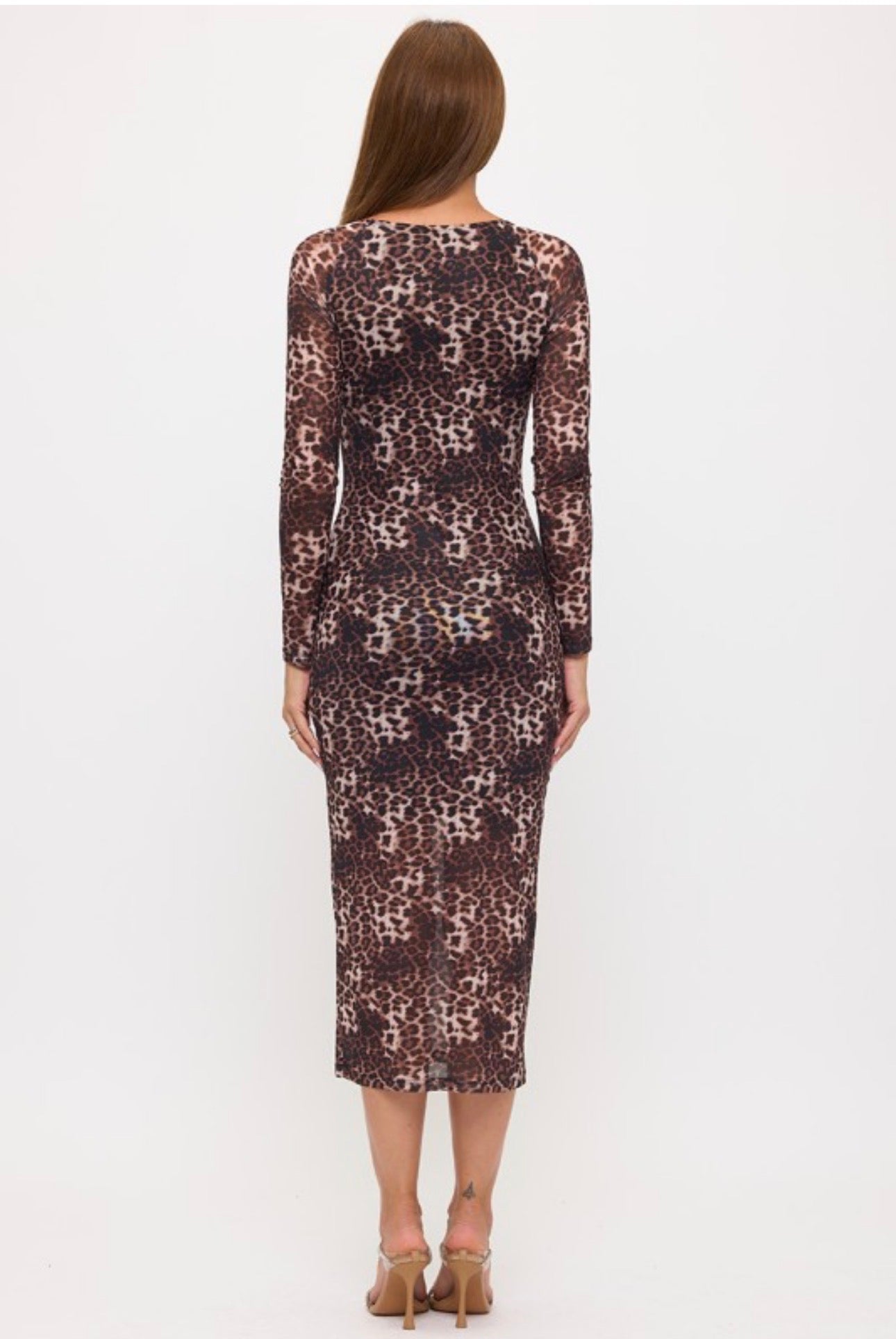 Sweetheart Leopard Mesh Long Sleeve Midi Dress