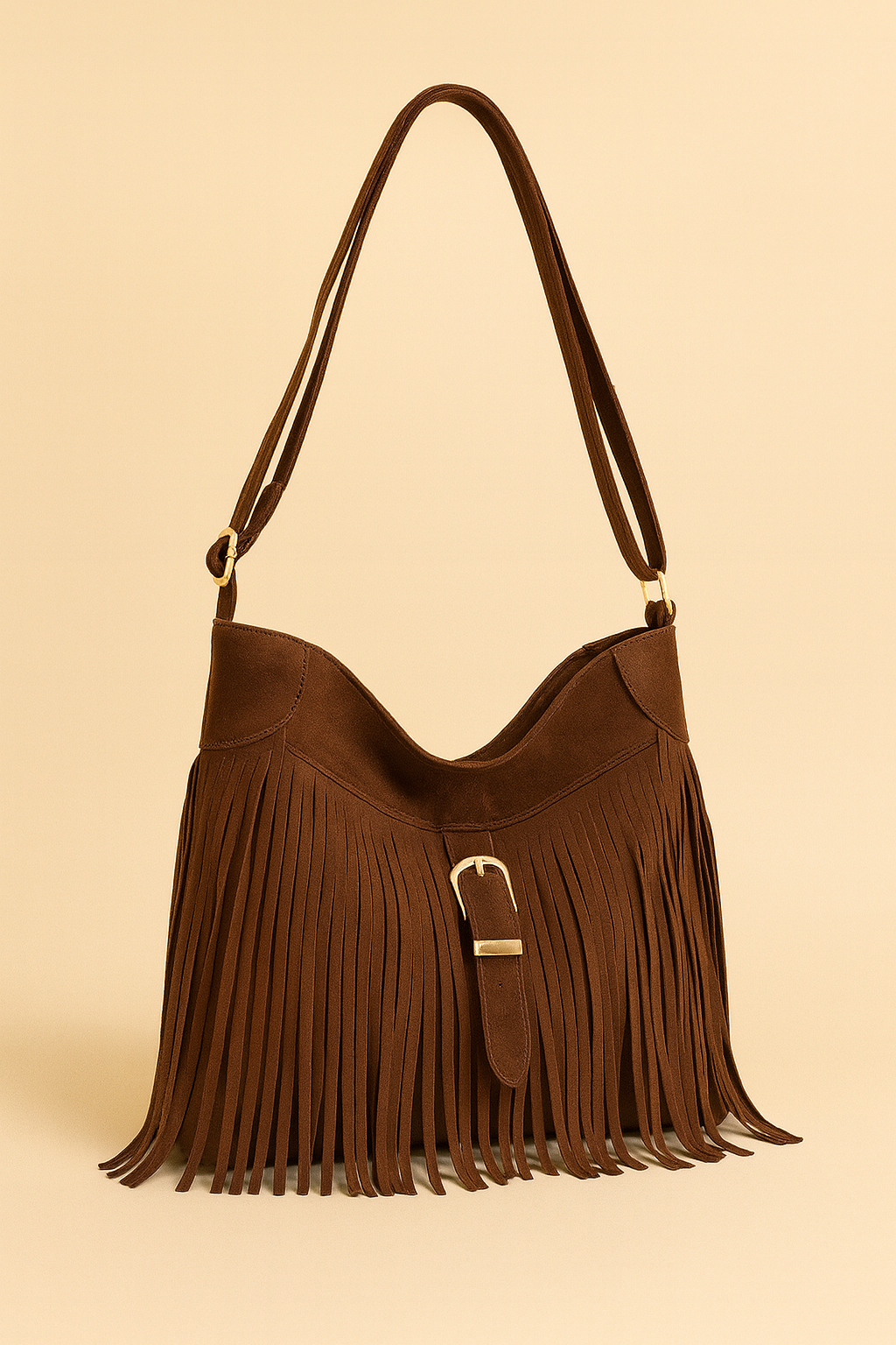 Fringe Suede Buckle Saddle Purse