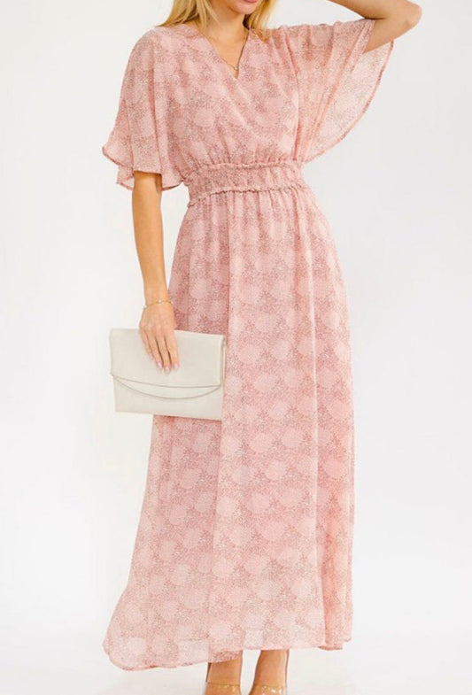 Floral Chiffon Cross Front Short Sleeve Maxi Dress