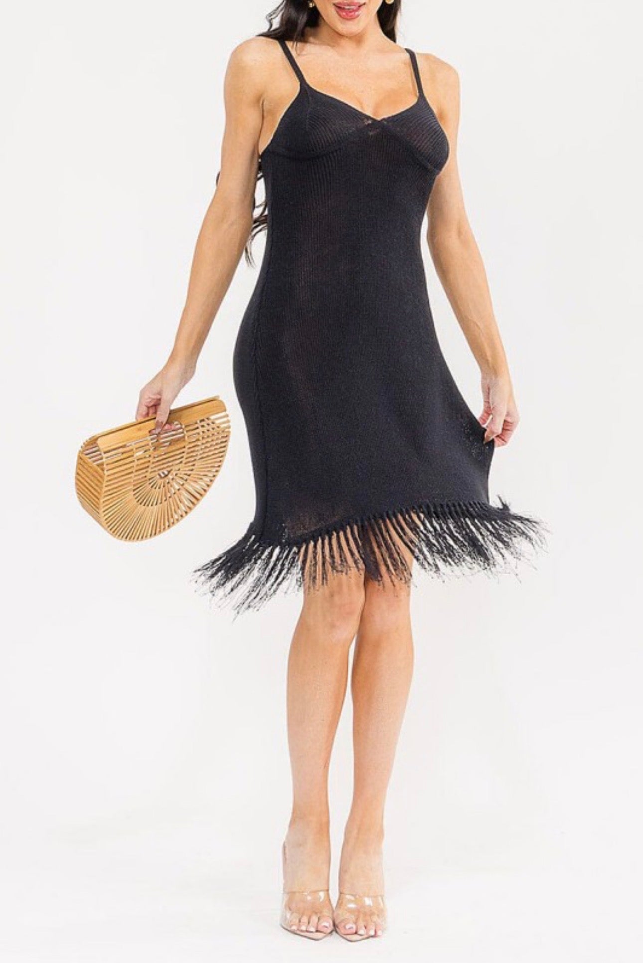 Knit V-neck Midi Tassel Hem Dress