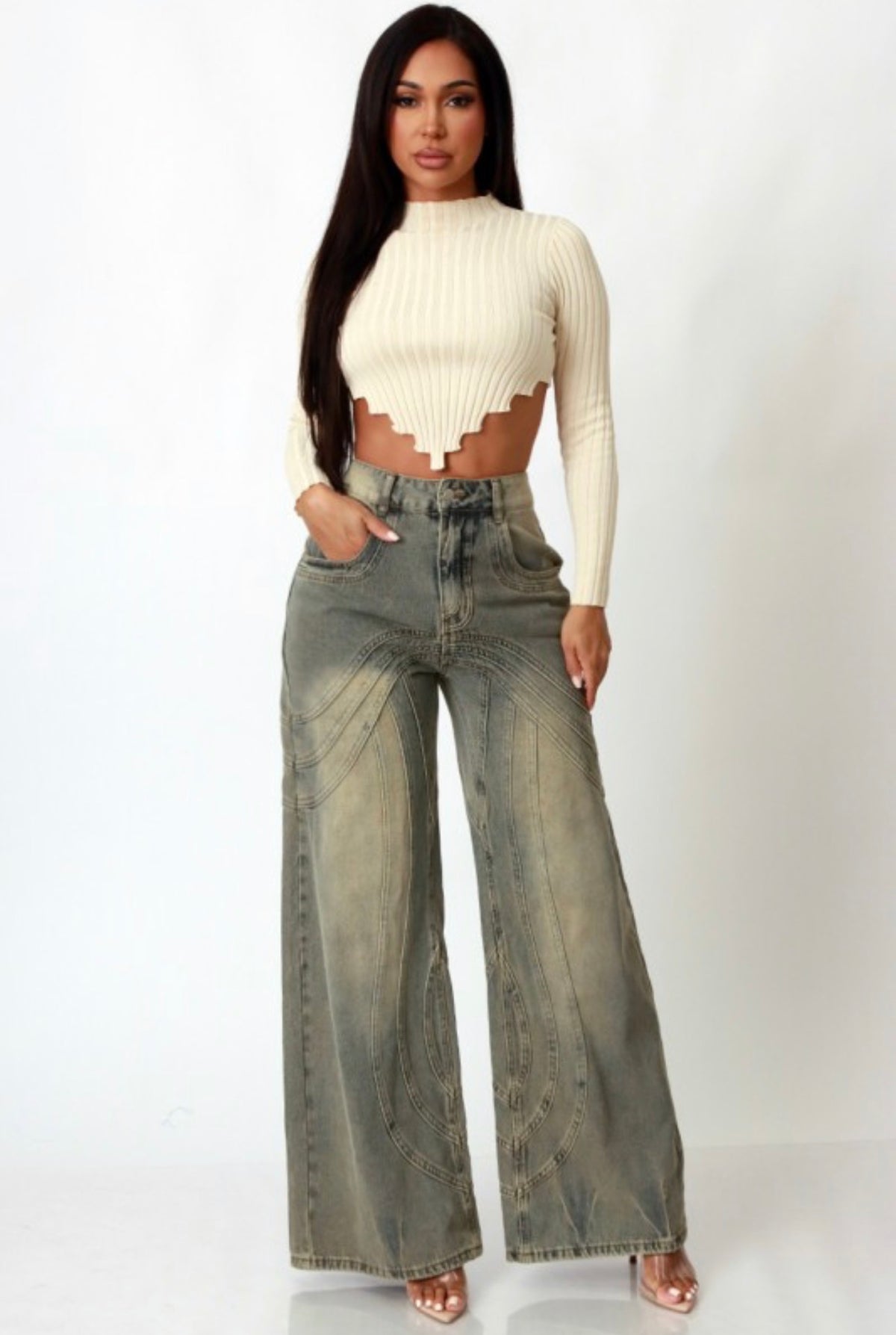 Wide Leg Light Acid Wash Curve Paneled Jeans