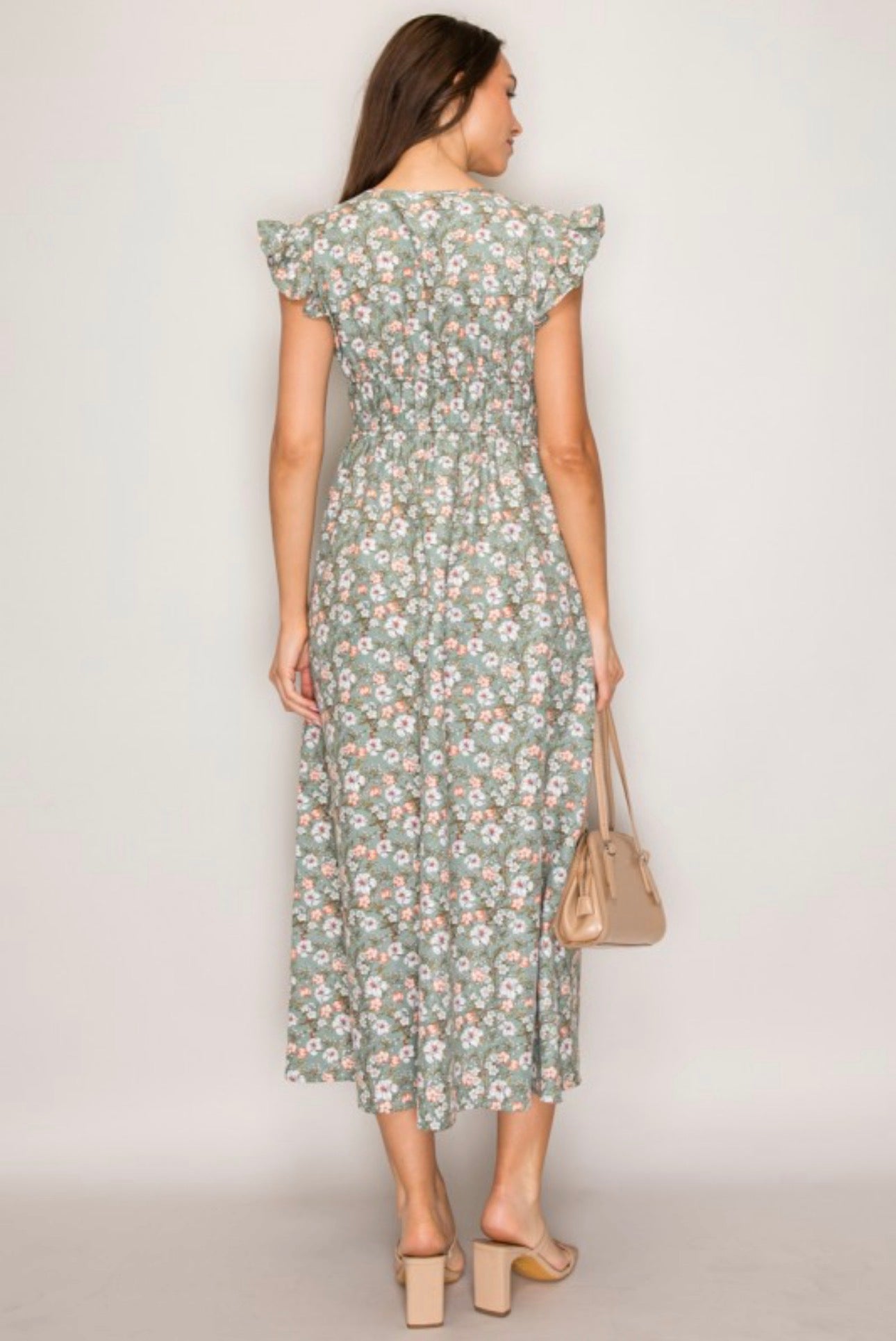 Spring Green Floral V-neck Short Sleeve Maxi Dress