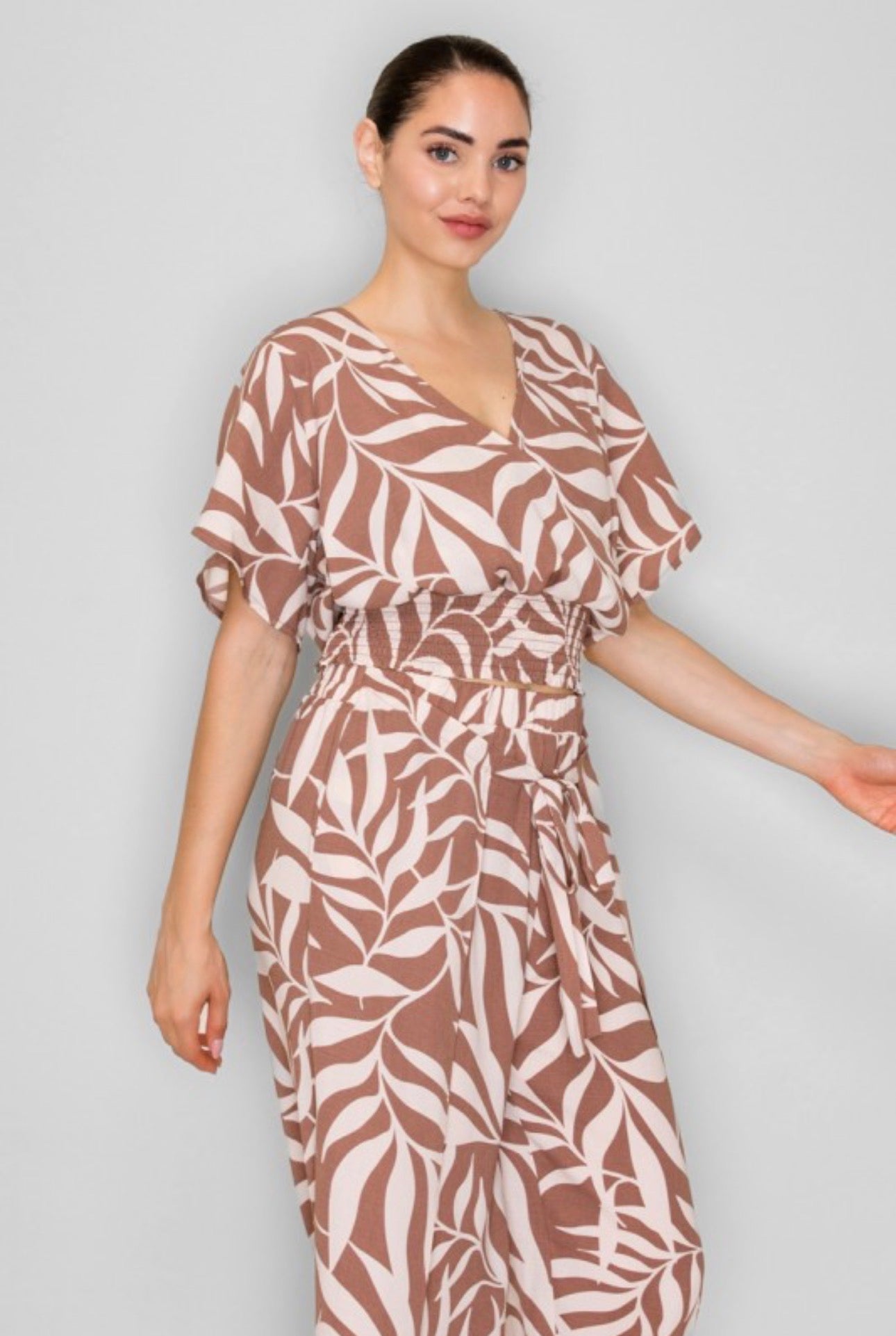 Neutral Tropical Print Cinch Crossover Top