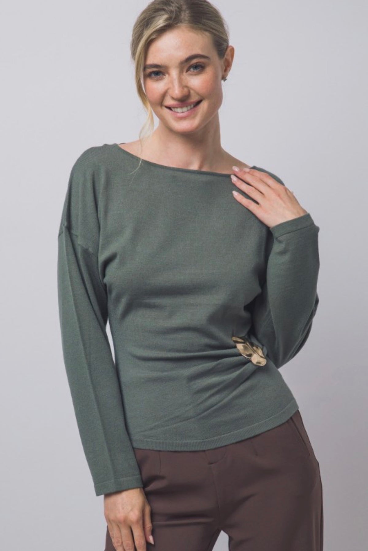 Boat Neck Long Sleeve Ruched with Gold Accent