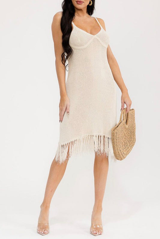 Knit V-neck Midi Tassel Hem Dress