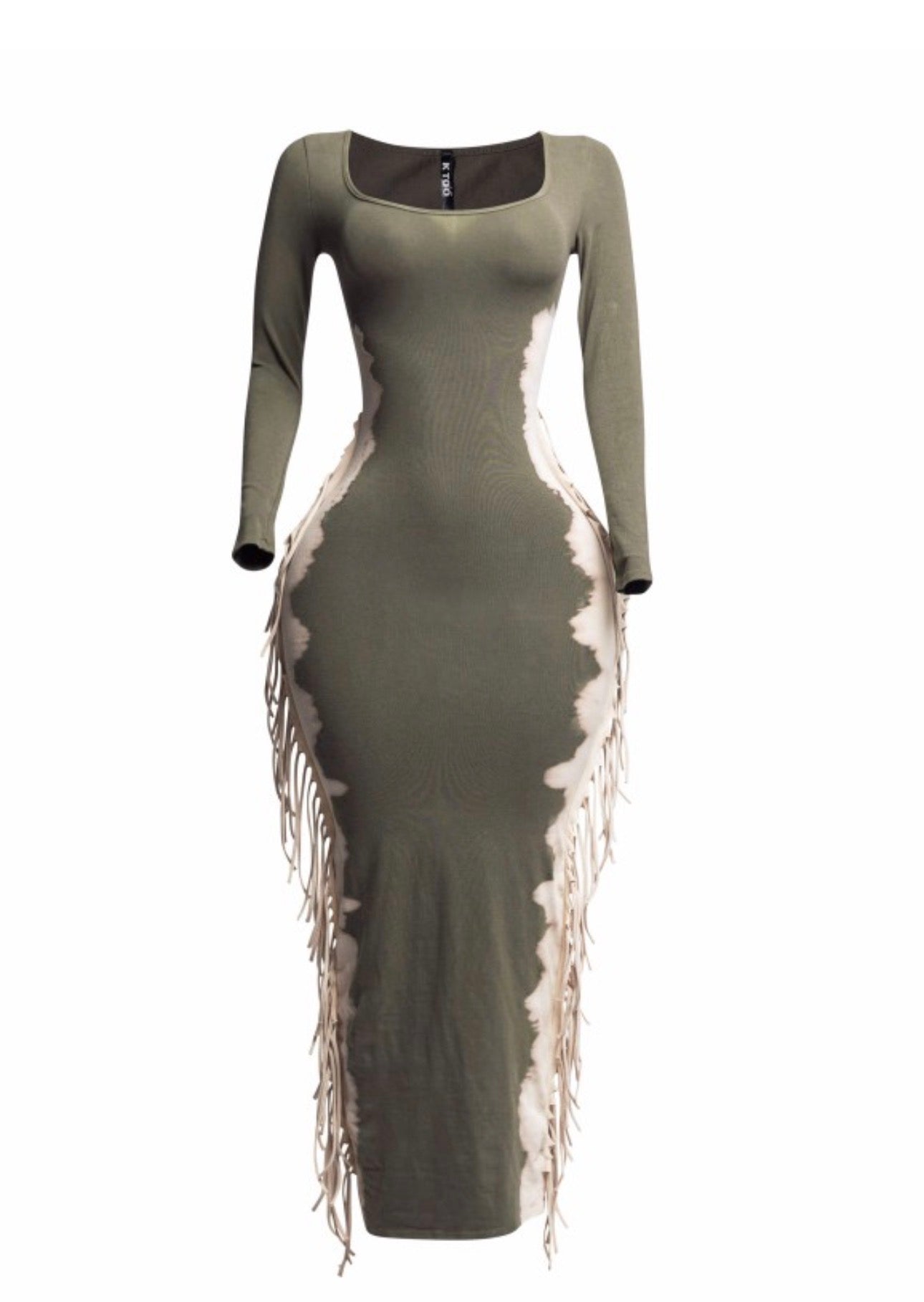 Fringe Bleach Scoop Neck Long Sleeve Maxi Dress
