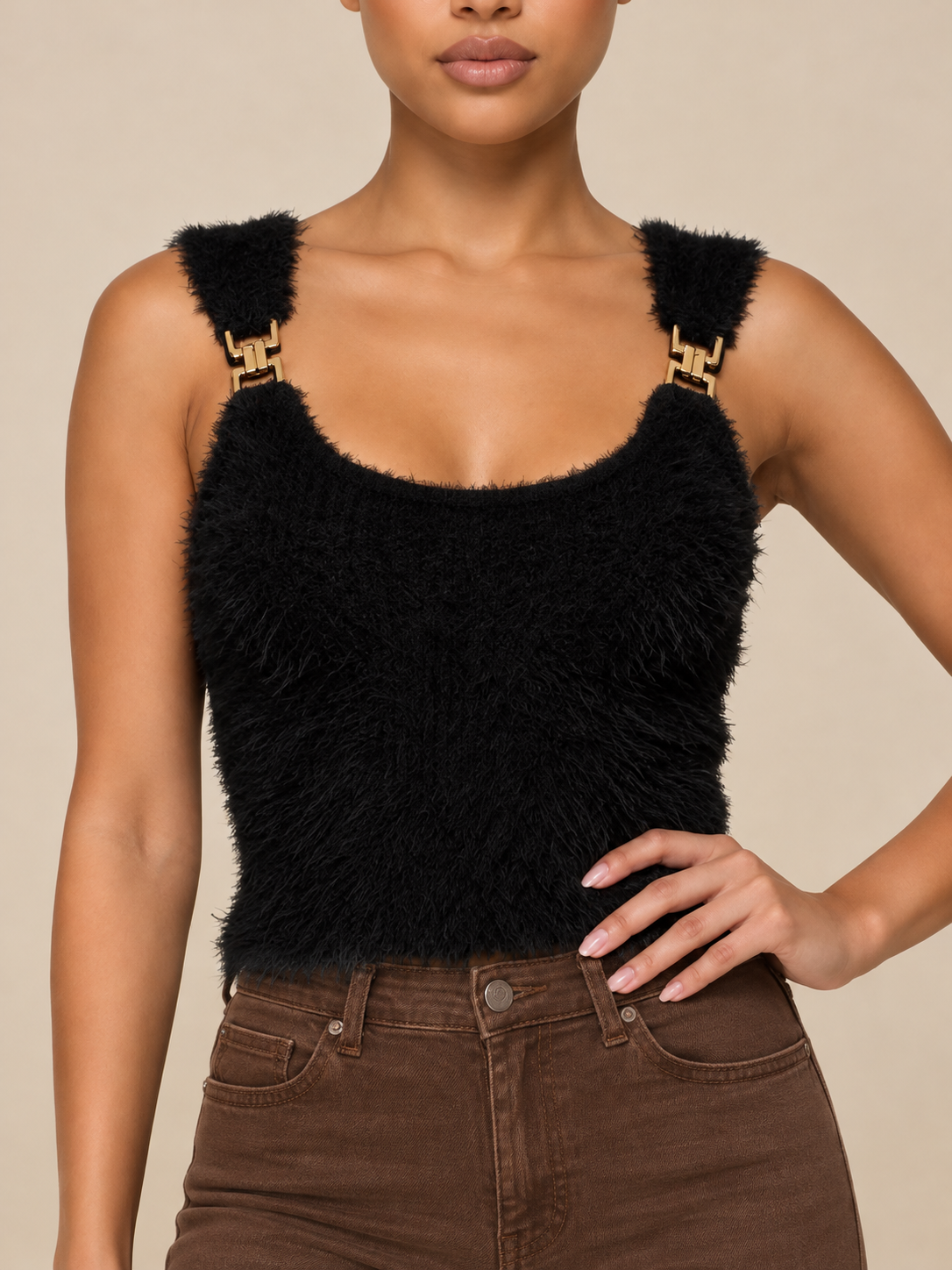 Black Rib Fuzzy Tank with Gold Link Straps