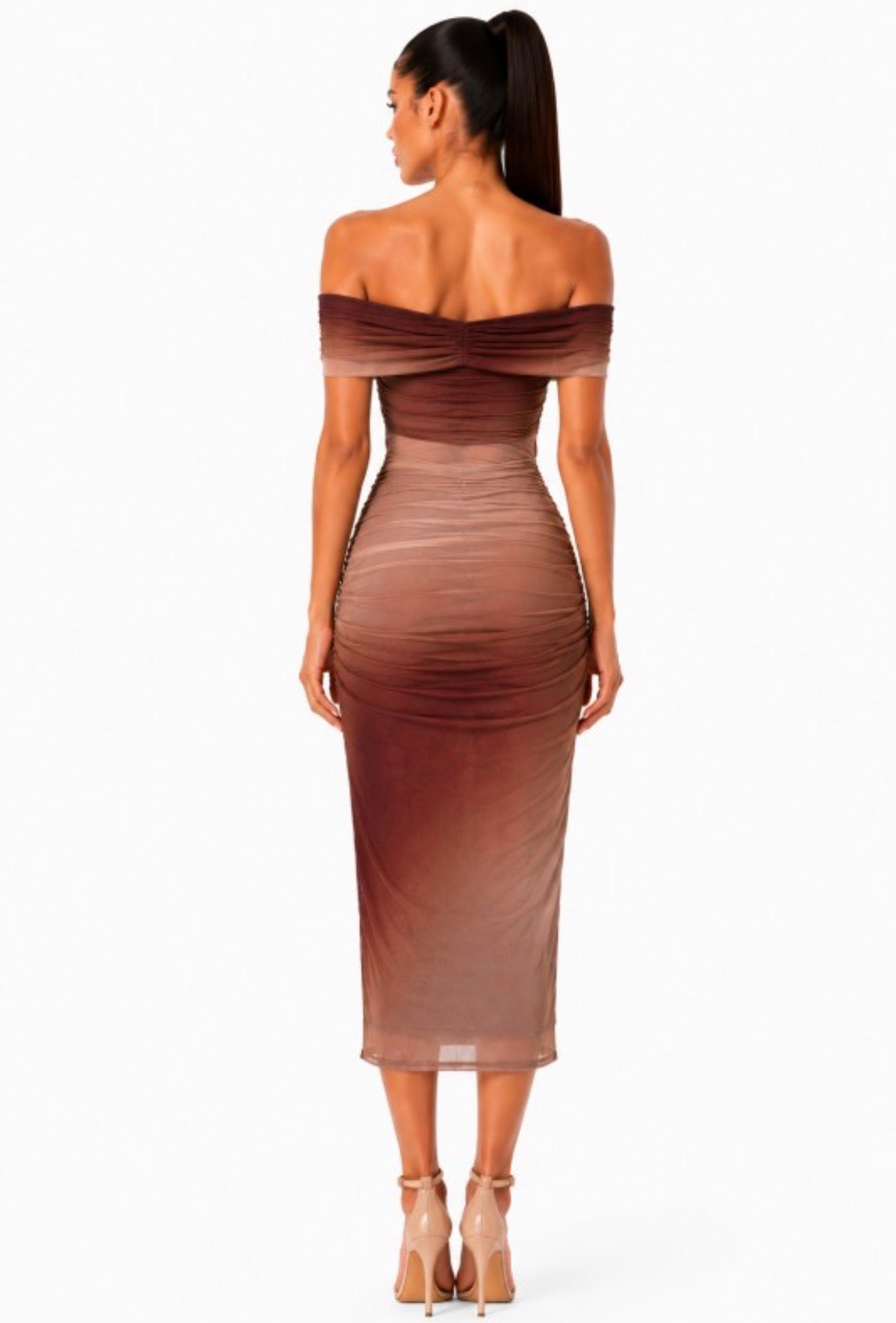 Nude Drape Mesh Maxi Ruche Dress