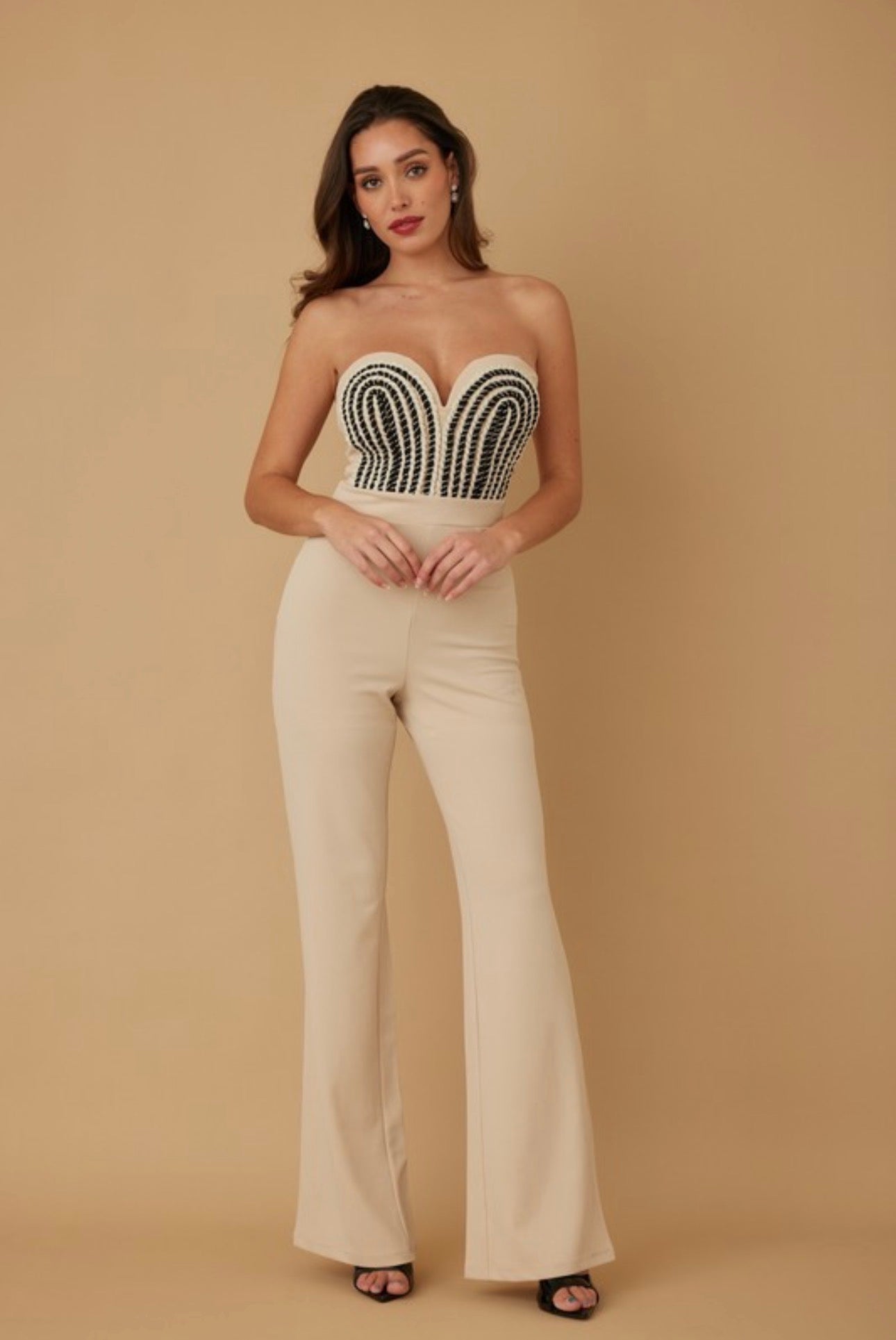 Beige Strapless Sweetheart Jumpsuit with Black Embroidery
