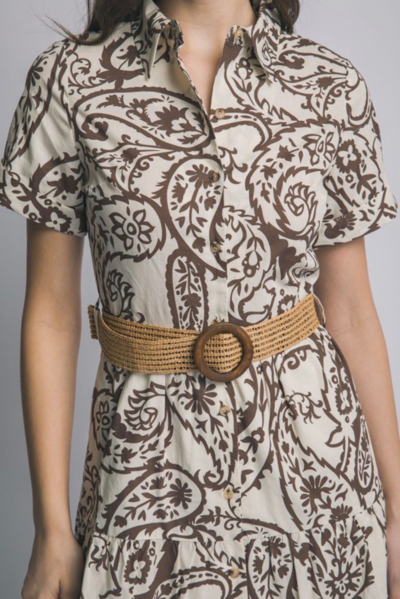Brown Paisley Short Sleeve Dress with Woven Belt