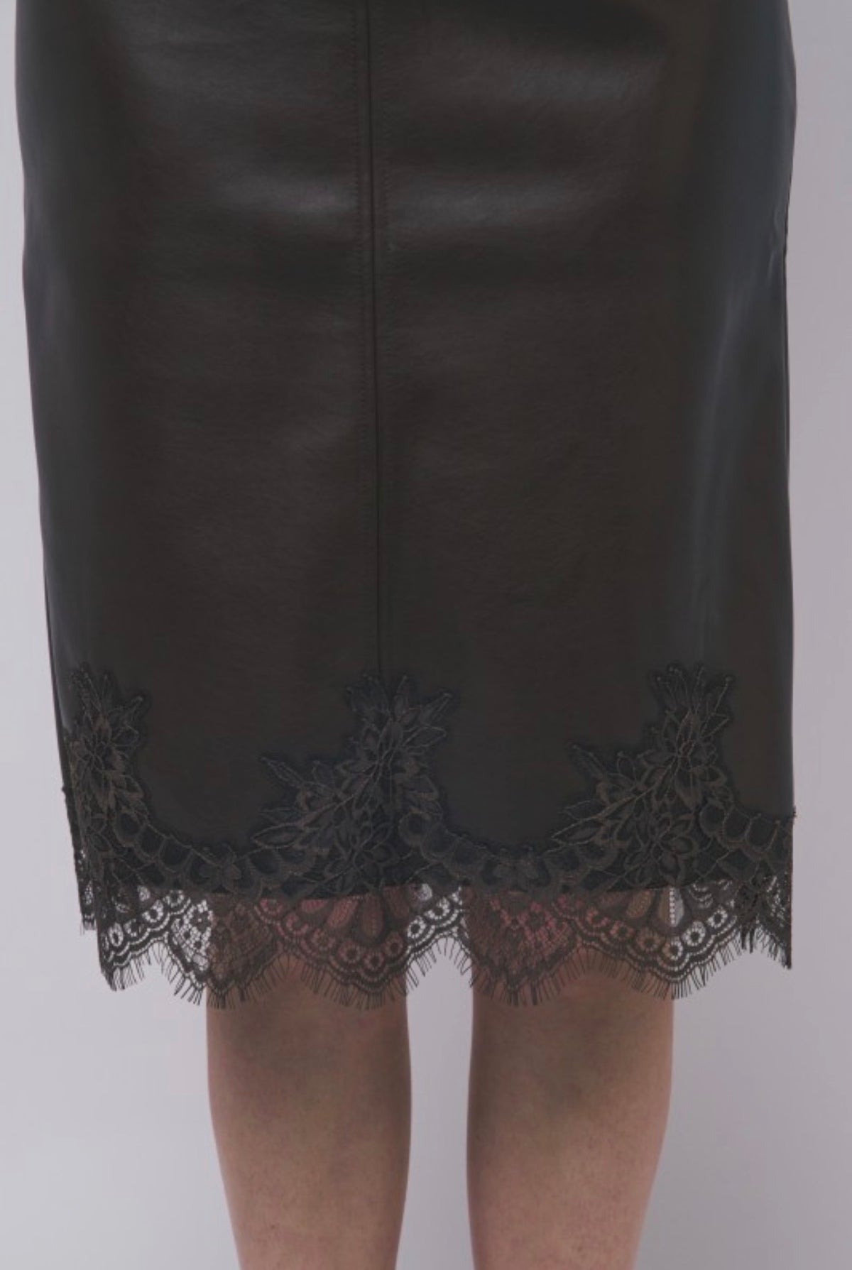 Lace Hem Leather Midi Skirt with Back Slit