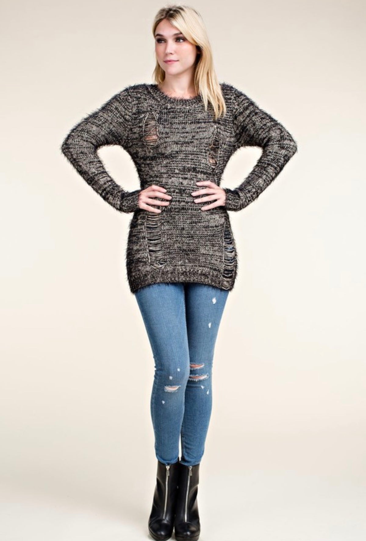 Fuzzy Shimmer Knit Distressed Sweater