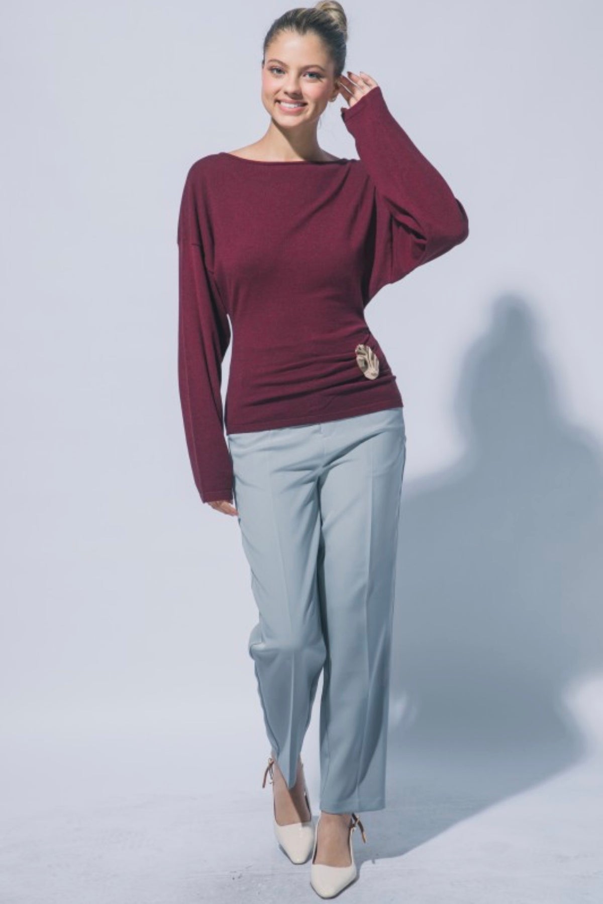 Boat Neck Long Sleeve Ruched with Gold Accent