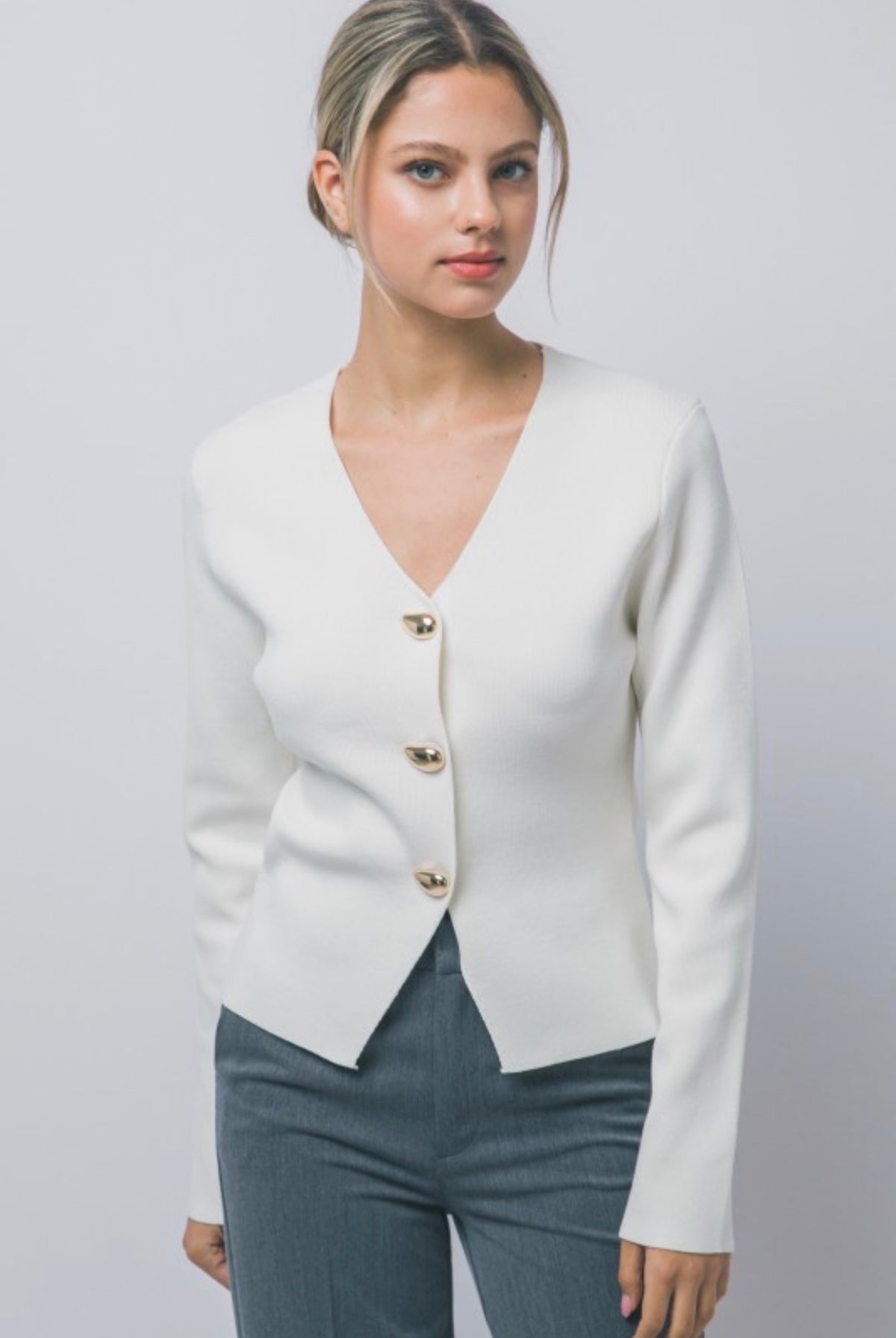 Split Front Ribbed Gold Button Front Cardigan