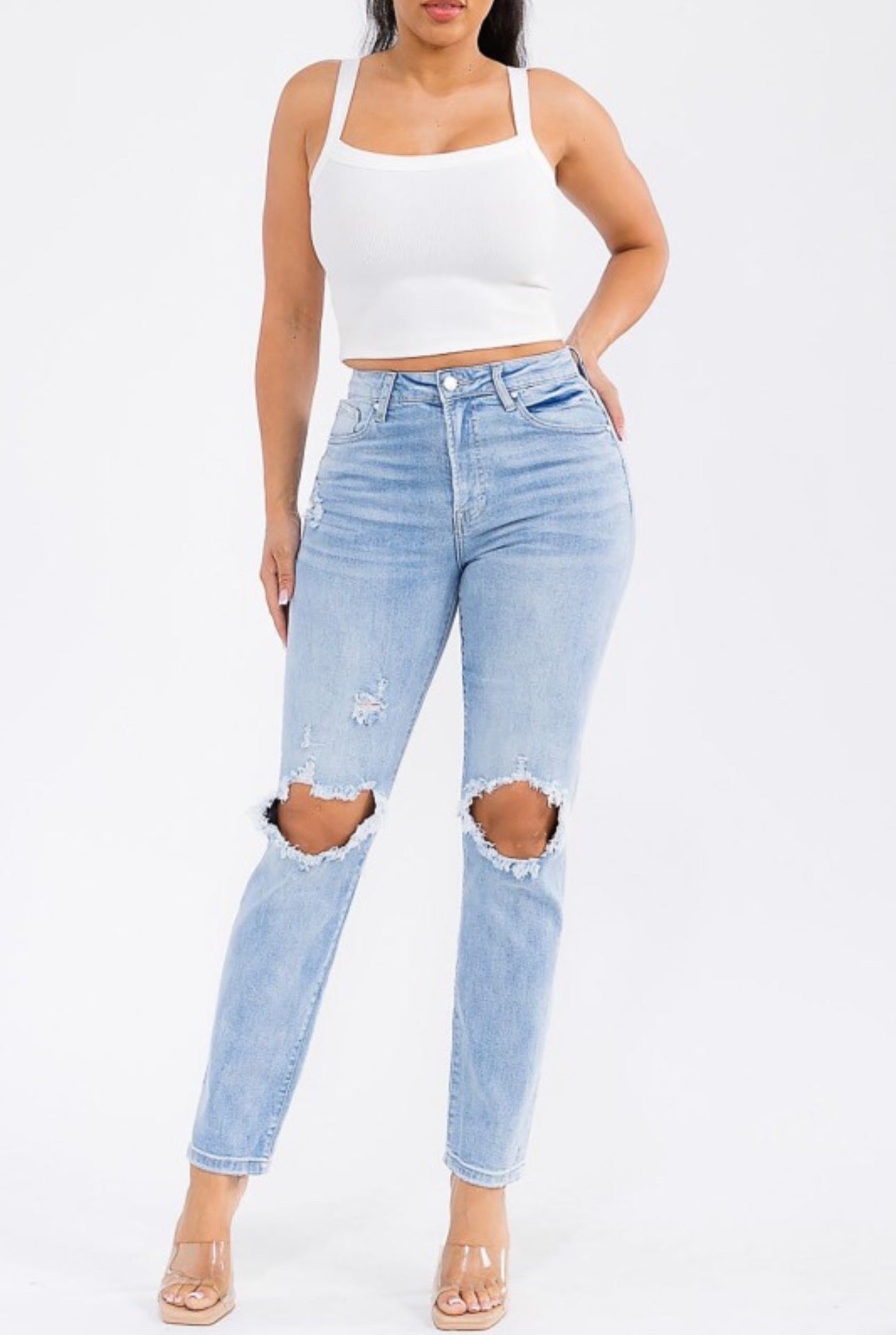 High Waist Distressed Knee Mom Jean