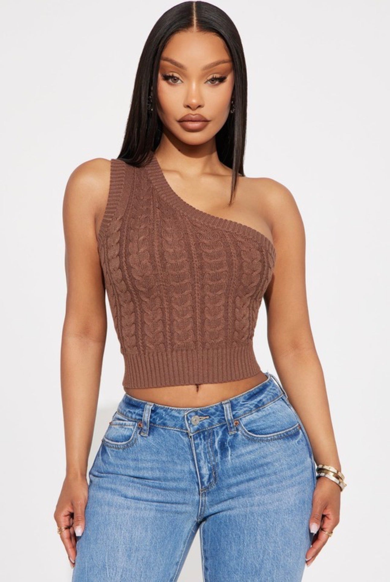 One Shoulder Cable Knit Sweater Top