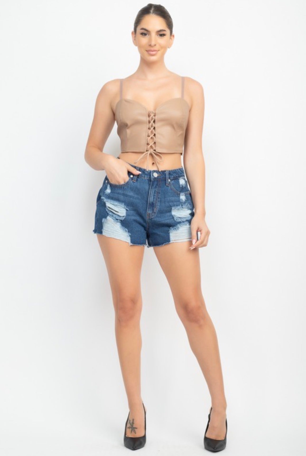 Leather Crop Front Lace Corset Top