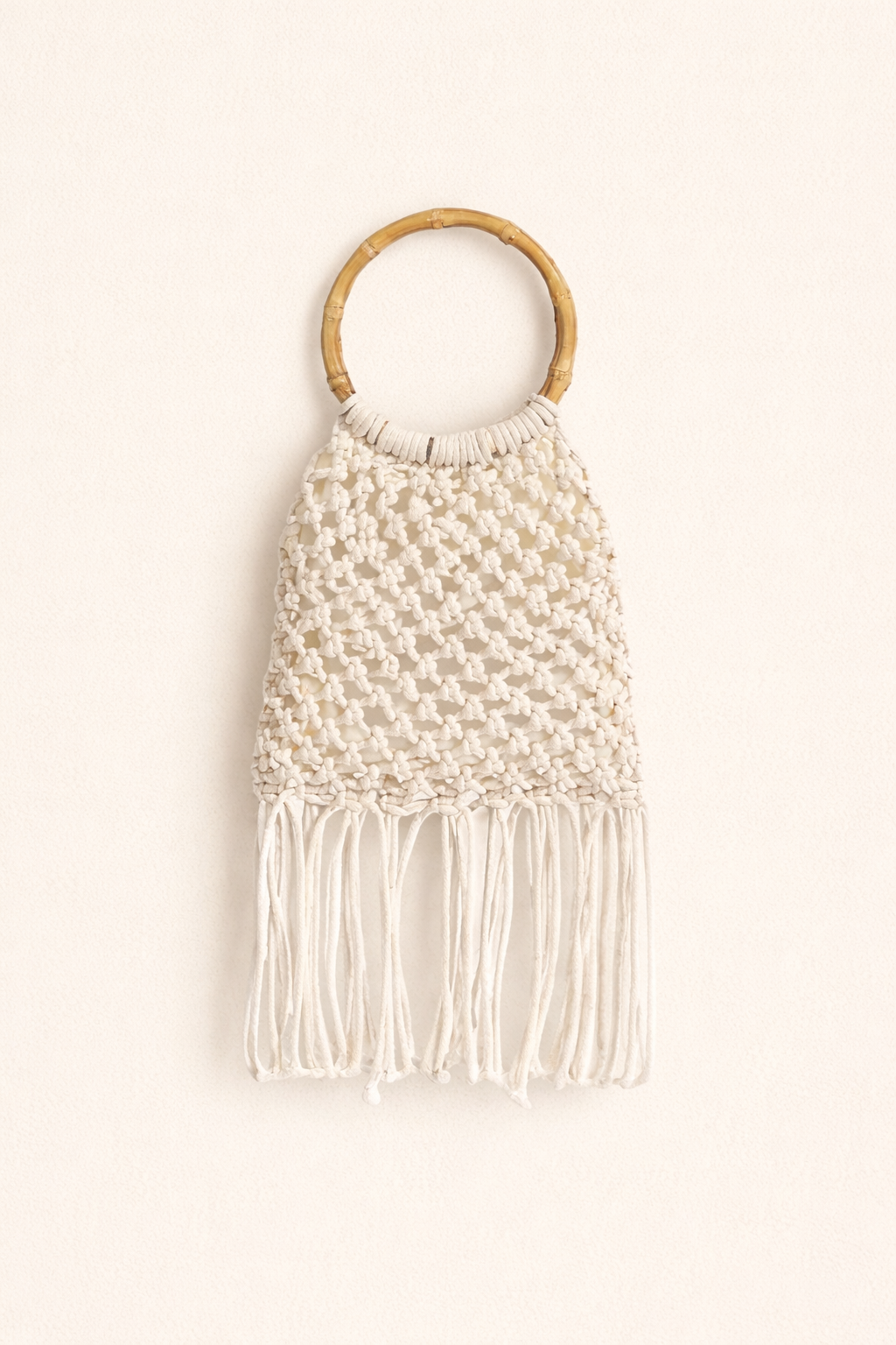 White Bamboo Handle Mini Crochet Fringe Handbag