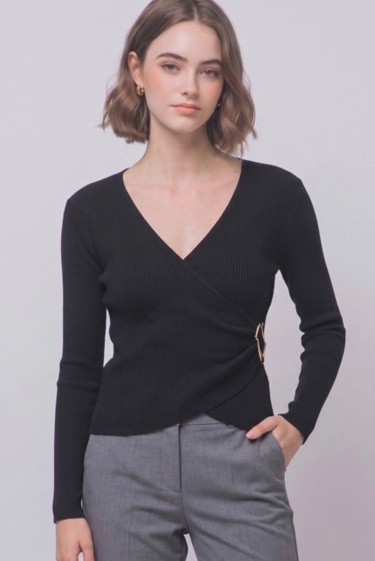 Rib Wrap V Neck Long Sleeve with Gold Accent